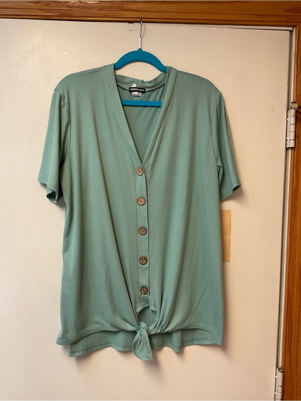 Sage Green Button-Front Tie Hem Top